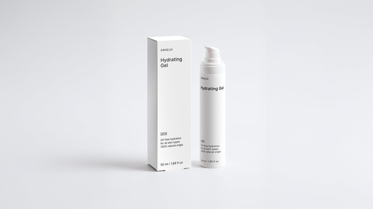 DEW hydrating gel bottle and box packaging set on grey background