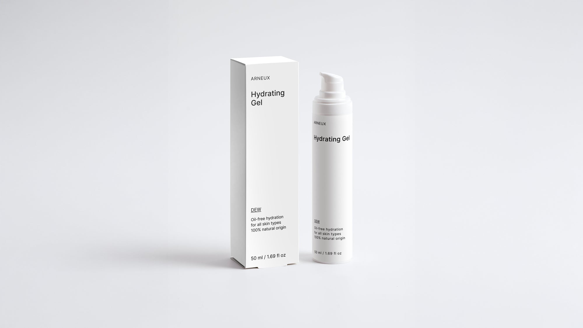 DEW hydrating gel bottle and box packaging set on grey background
