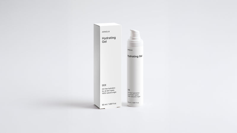 DEW hydrating gel bottle and box packaging set on grey background