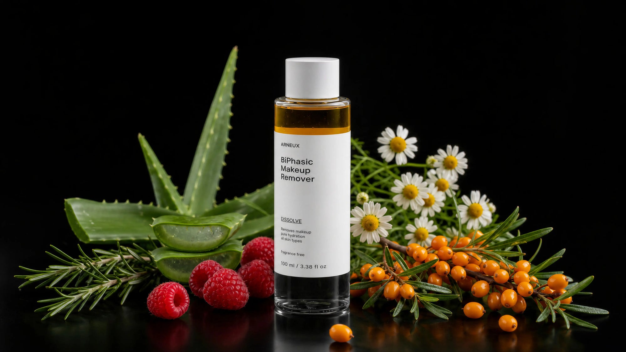 DISSOLVE makeup remover bottle with aloe, chamomile, rosemary, raspberry and sea buckthorn on black