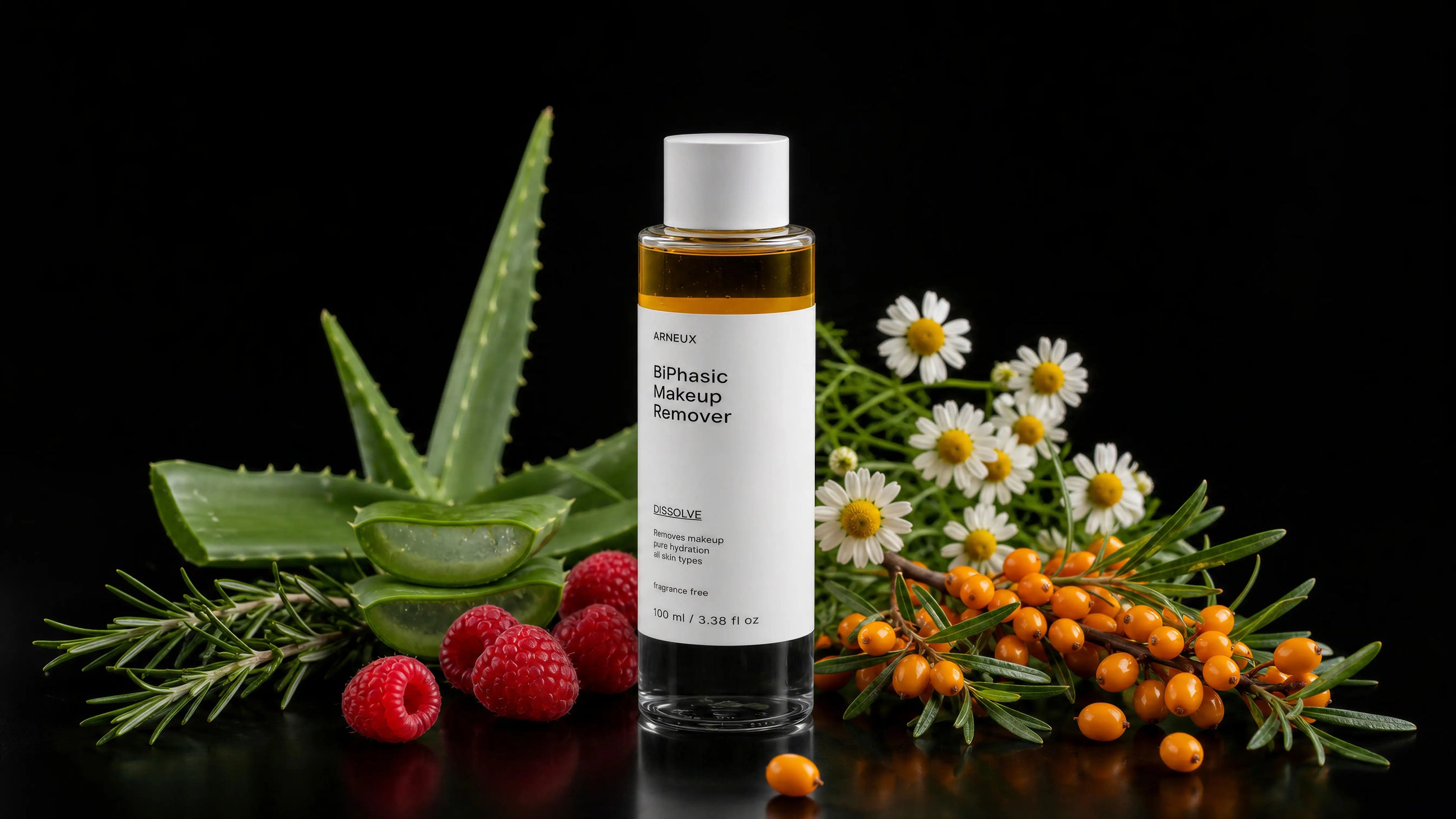 DISSOLVE makeup remover bottle with aloe, chamomile, rosemary, raspberry and sea buckthorn on black