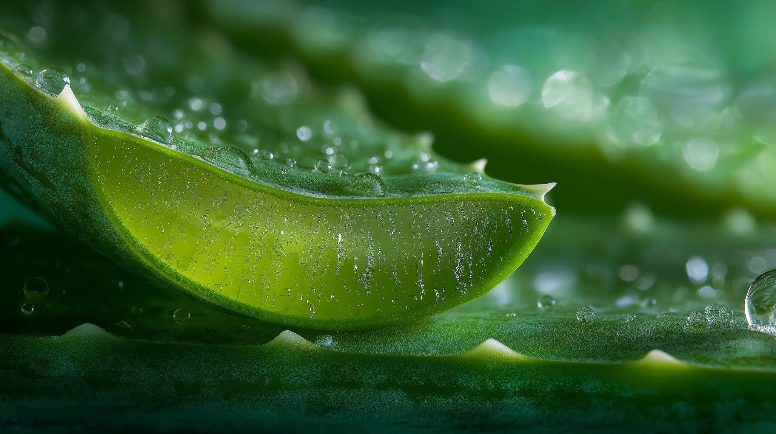 Aloe vera leaf cut open showing hydrating gel with water droplets, key ingredient in DISSOLVE remover