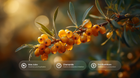 Glowing sea buckthorn berries on branch with aloe, chamomile and sea buckthorn ingredient callouts