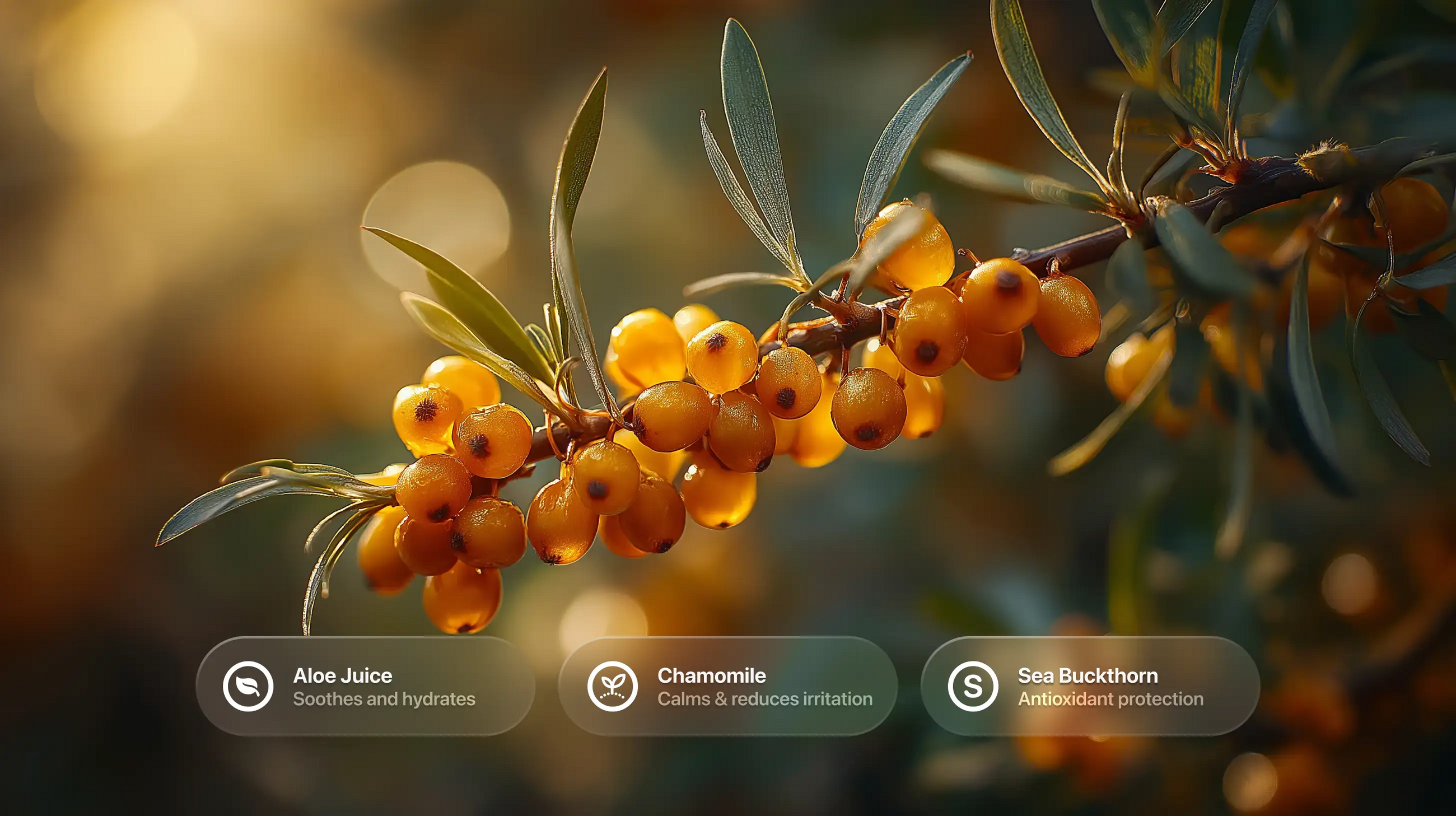 Glowing sea buckthorn berries on branch with aloe, chamomile and sea buckthorn ingredient callouts