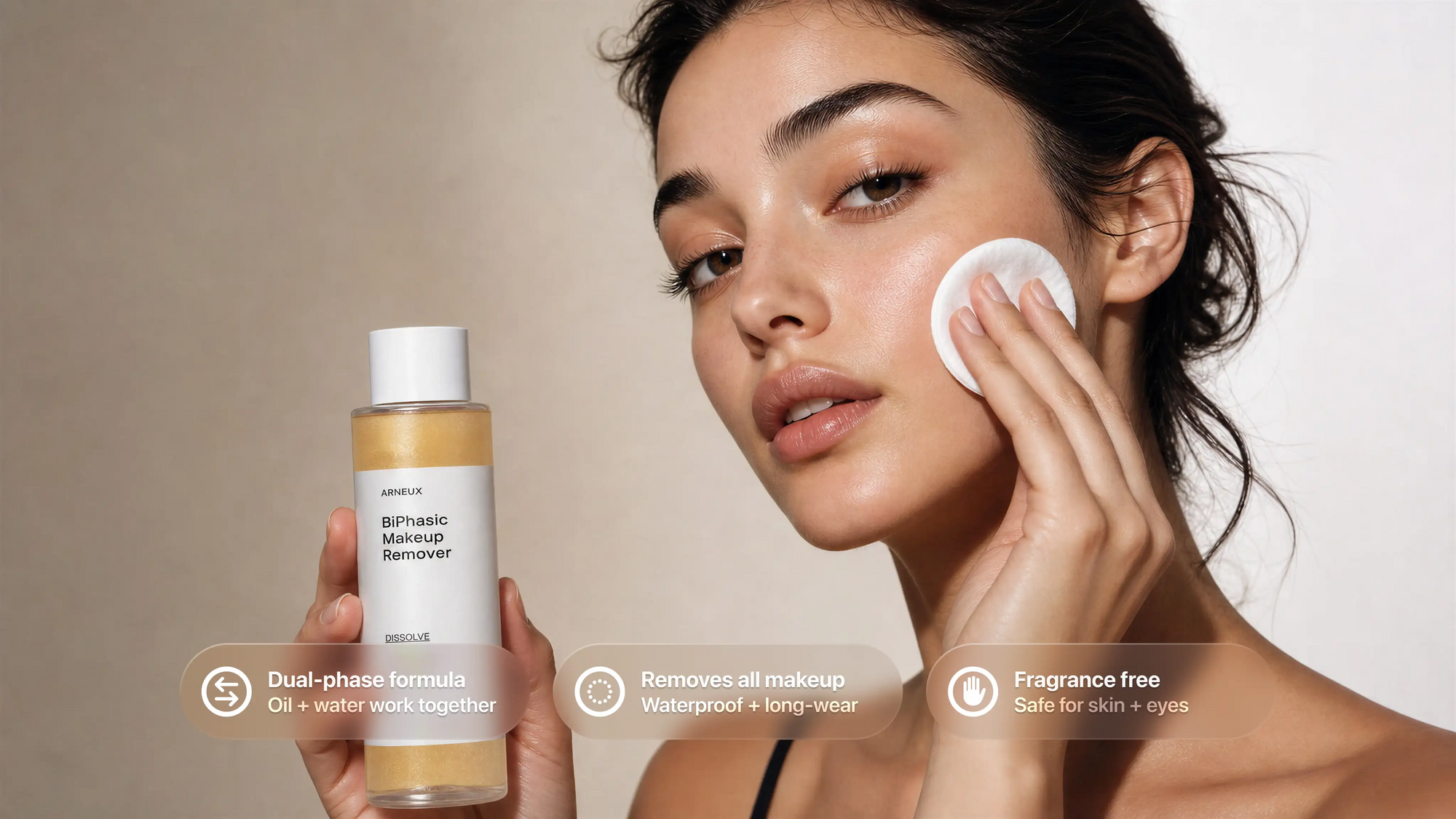 Woman pressing cotton pad to cheek with DISSOLVE biphasic makeup remover, dual-phase formula callouts