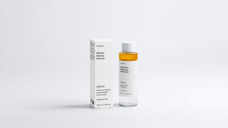 DISSOLVE biphasic makeup remover bottle and box packaging, full product set on grey background
