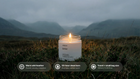 EMBER candle burning in misty highlands, warm wild heather 20-hour clean burn travel small bag size callouts