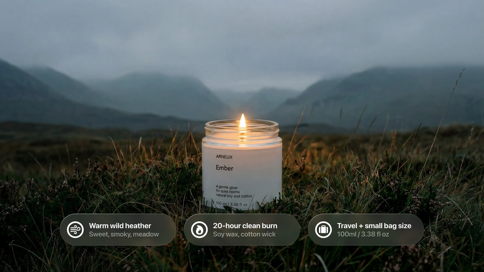 EMBER candle burning in misty highlands, warm wild heather 20-hour clean burn travel small bag size callouts