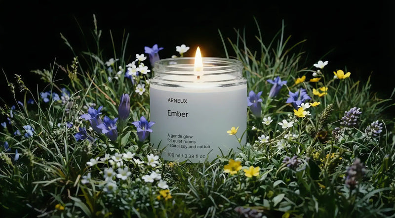 EMBER travel candle burning in wild meadow surrounded by purple white and yellow wildflowers at dusk