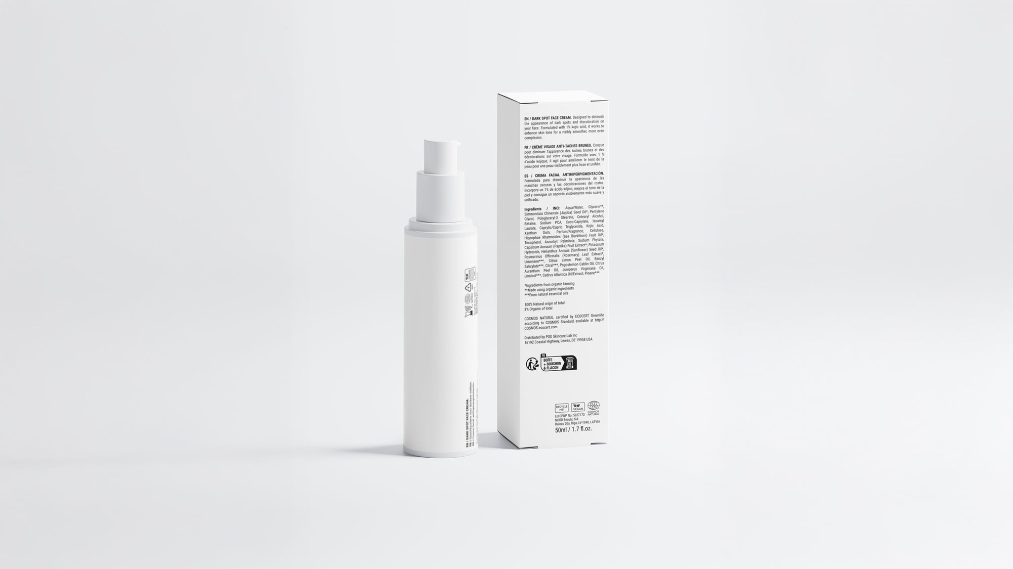 EVEN dark spot correcting cream bottle beside box back panel showing ingredient list