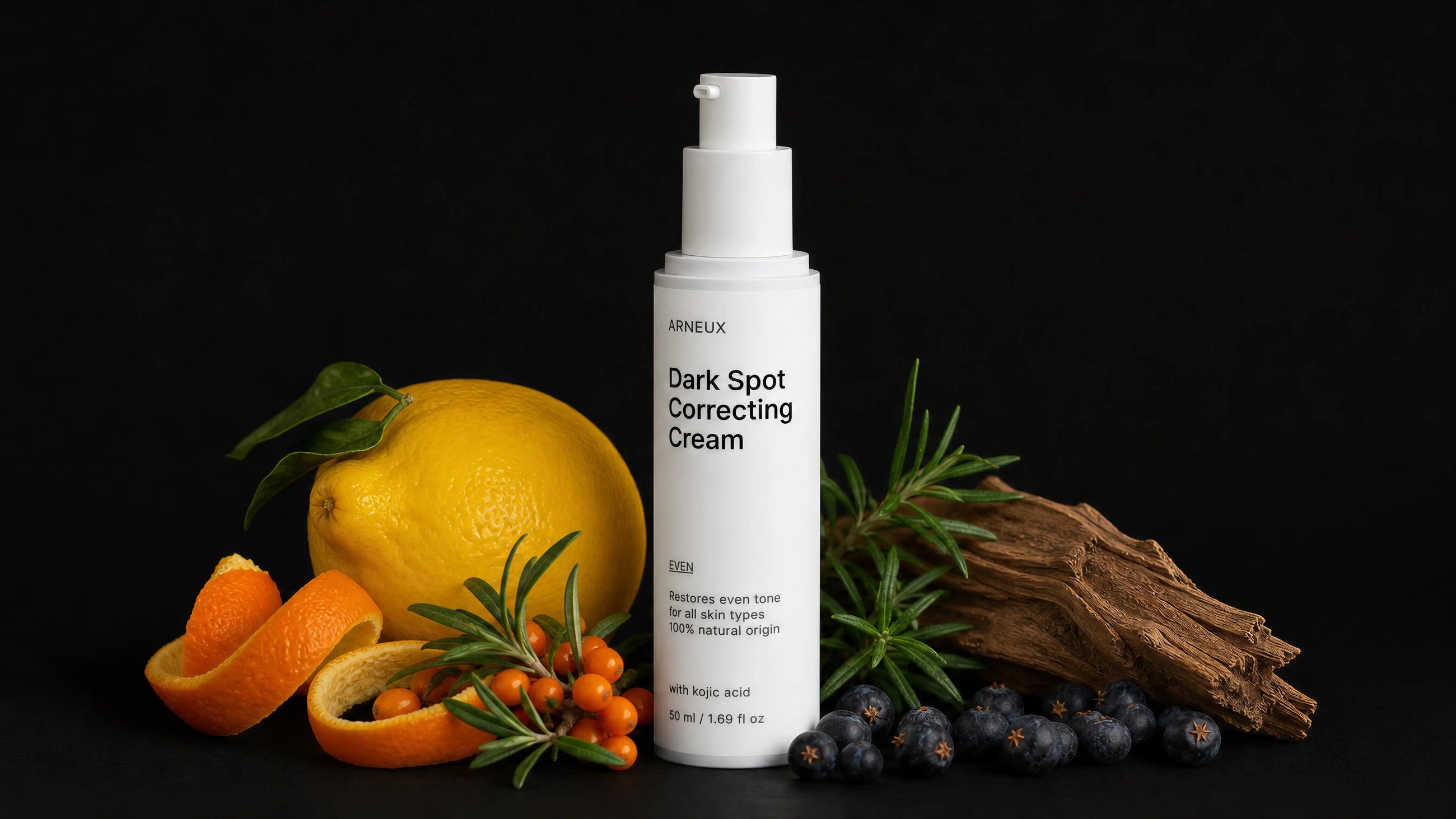 EVEN dark spot cream bottle with yuzu citrus, sea buckthorn, rosemary and blueberries on black