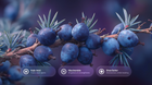 Juniper berries on branch with kojic acid, niacinamide and shea butter ingredient callouts