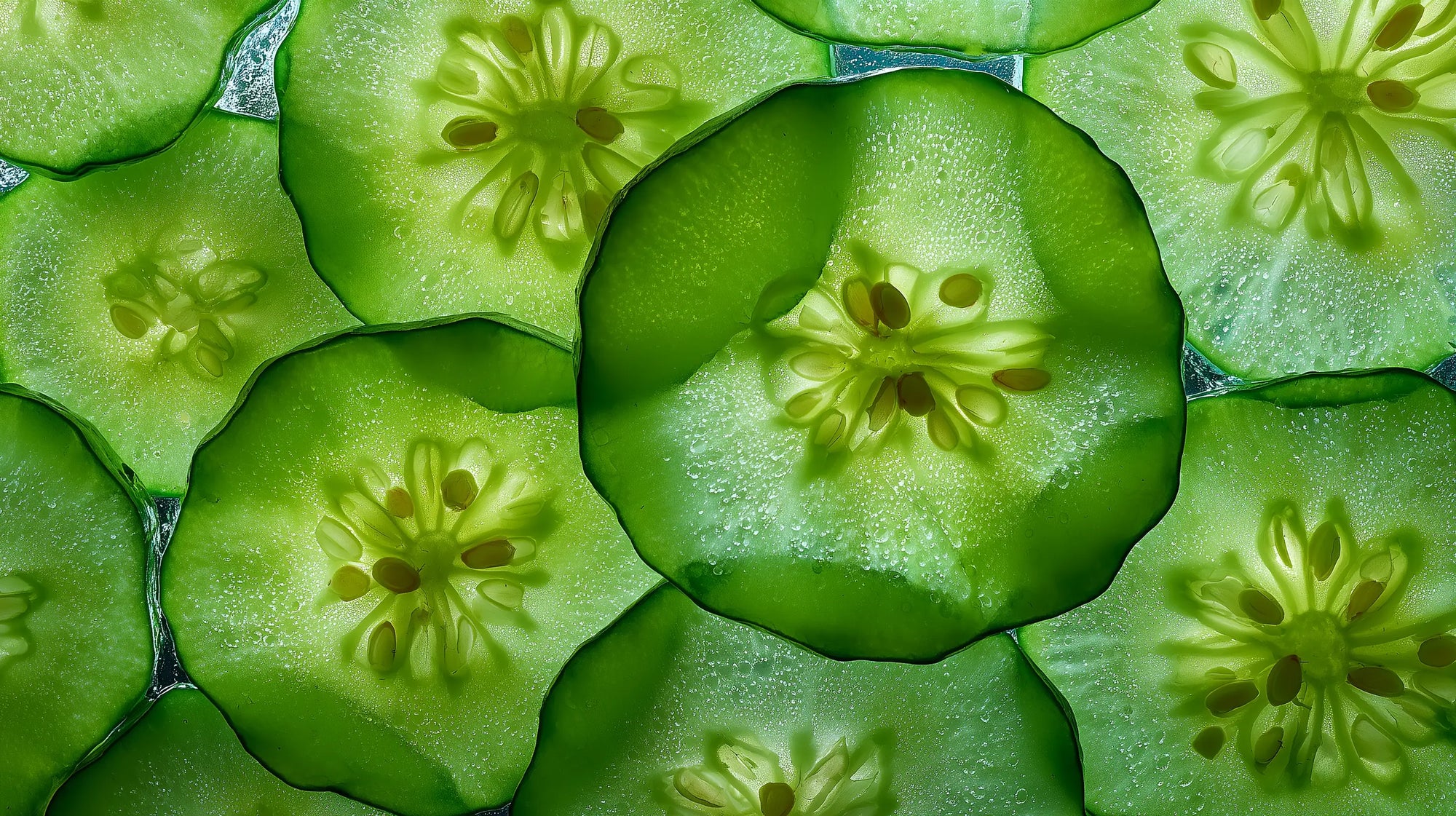 Cucumber slices from above showing seeds close-up, brightening soothing ingredient in dark spot cream