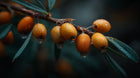 Small orange sea buckthorn berries with water droplets on branch, antioxidant in dark spot cream
