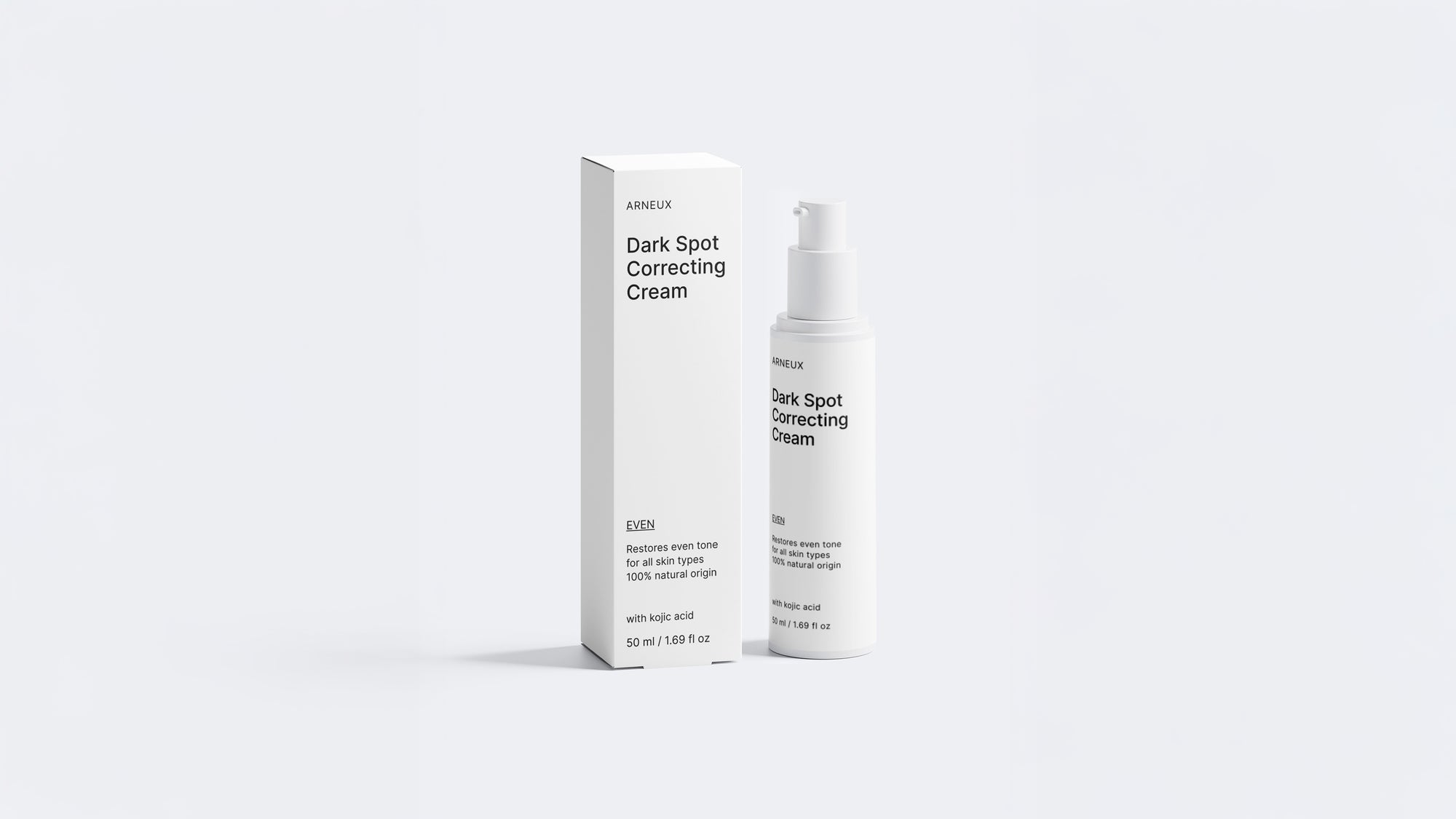 EVEN dark spot correcting cream bottle and box packaging set on grey background