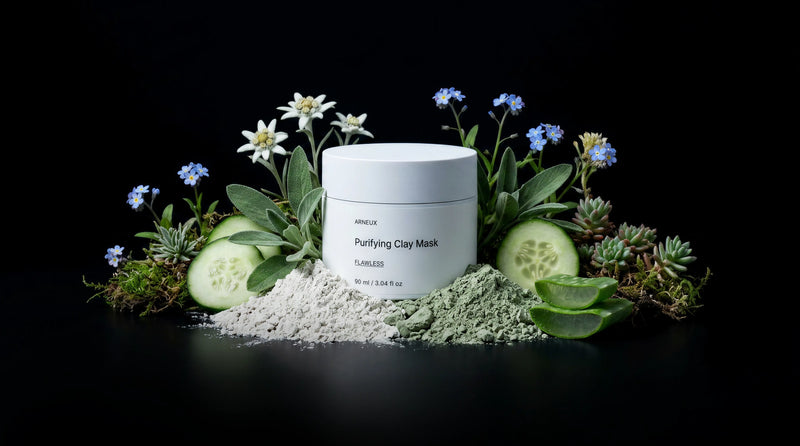 FLAWLESS clay mask jar with edelweiss, blue flowers, cucumber slices and green clay on black