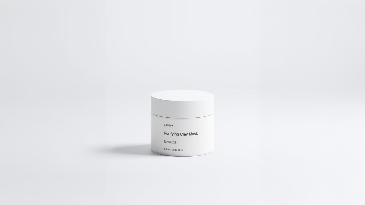 Arneux FLAWLESS purifying clay mask white jar, front label on grey background