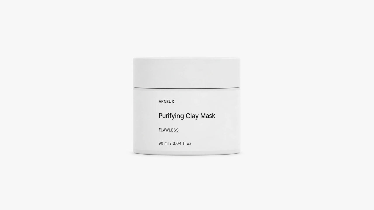 Arneux FLAWLESS purifying clay mask white jar, front label on grey background