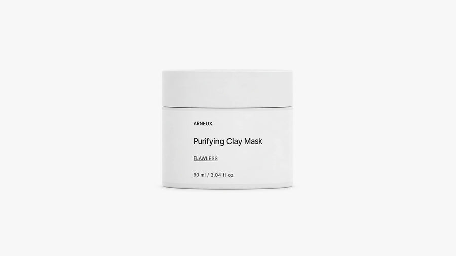 Arneux FLAWLESS purifying clay mask white jar, front label on grey background
