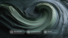 Swirling green clay texture with white kaolin, green montmorillonite and aloe vera ingredient callouts