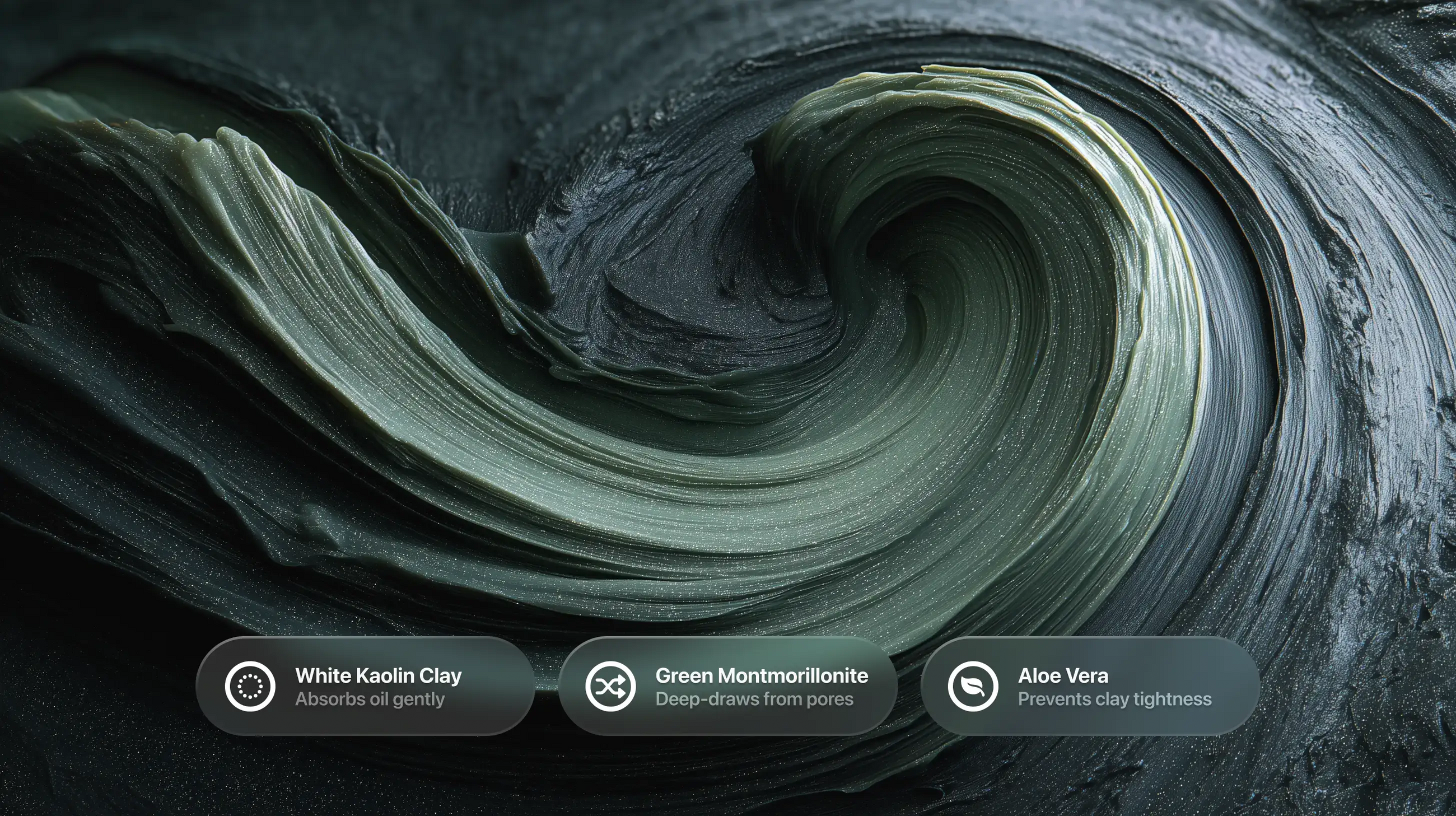 Swirling green clay texture with white kaolin, green montmorillonite and aloe vera ingredient callouts