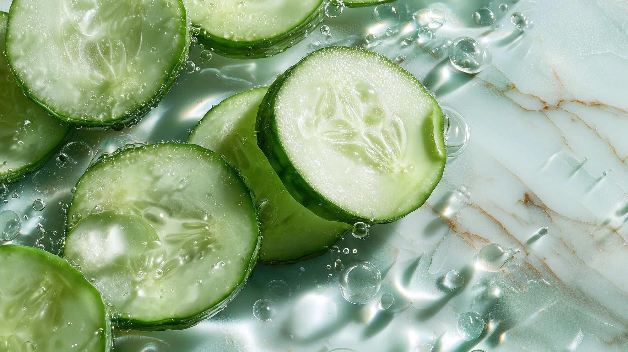 Fresh cucumber slices floating in water close-up, hydrating ingredient preventing clay mask tightness