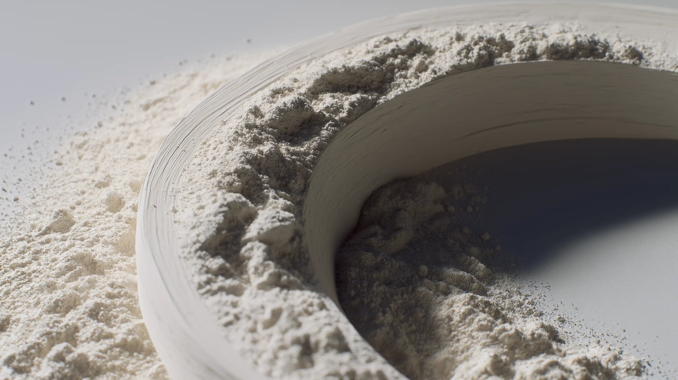 White kaolin clay powder heaped in a bowl close-up, oil-absorbing mineral in FLAWLESS clay mask