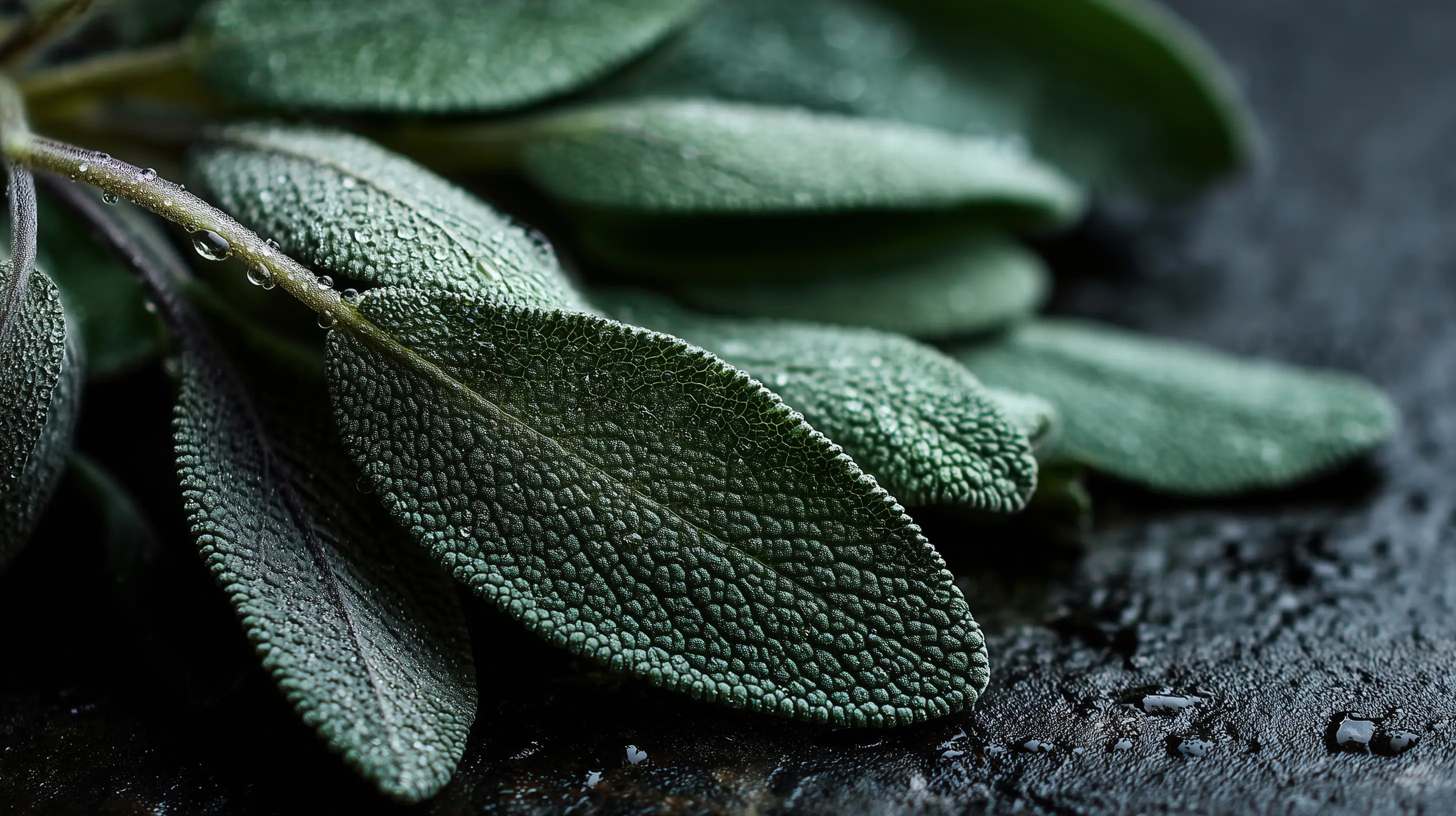 Silver sage leaves close-up on dark surface, clarifying botanical ingredient in FLAWLESS clay mask