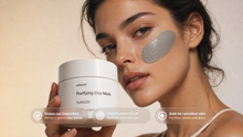 Woman with FLAWLESS clay mask applied to cheek, draws out impurities and safe for sensitive skin callouts