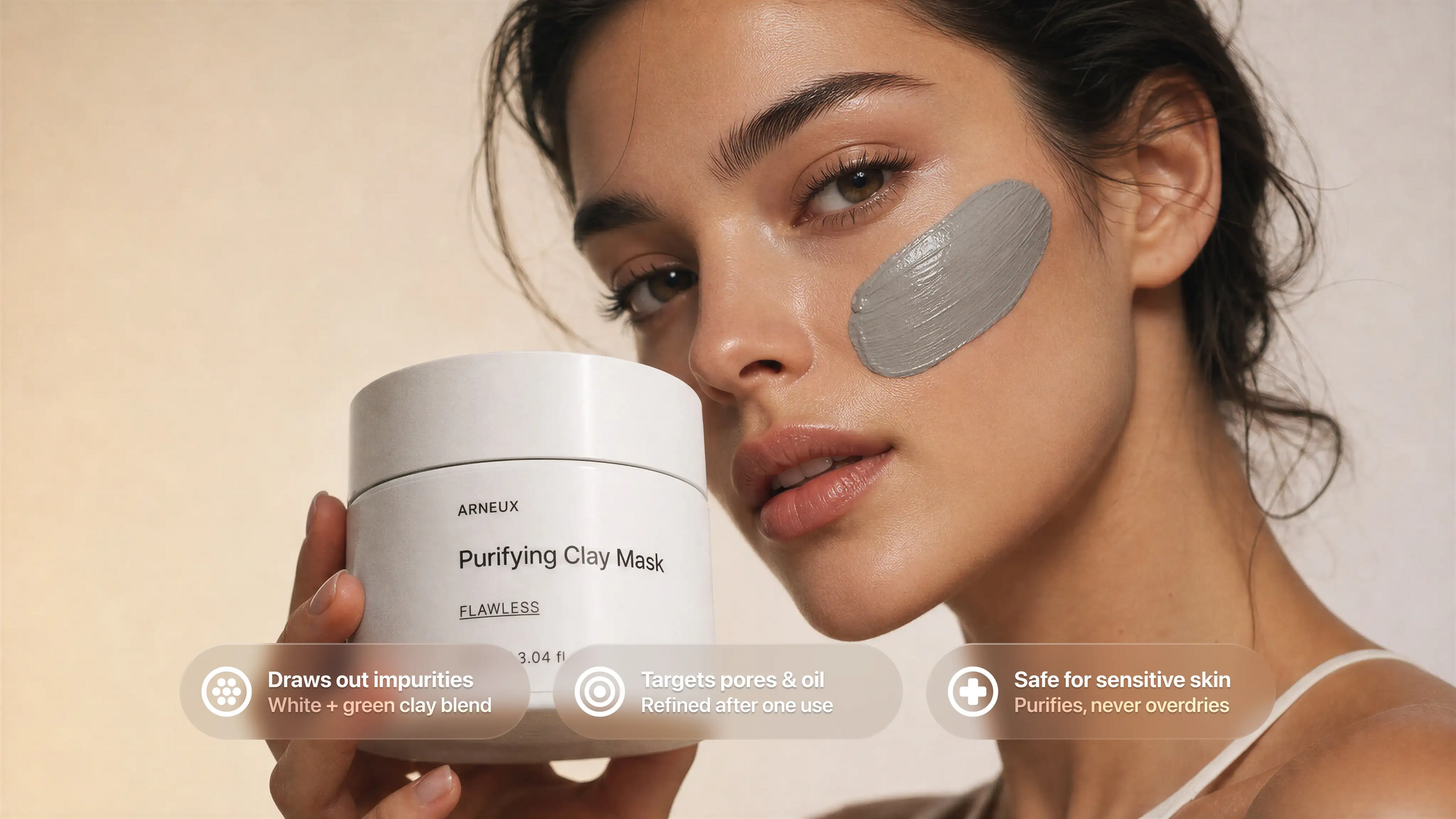 Woman with FLAWLESS clay mask applied to cheek, draws out impurities and safe for sensitive skin callouts