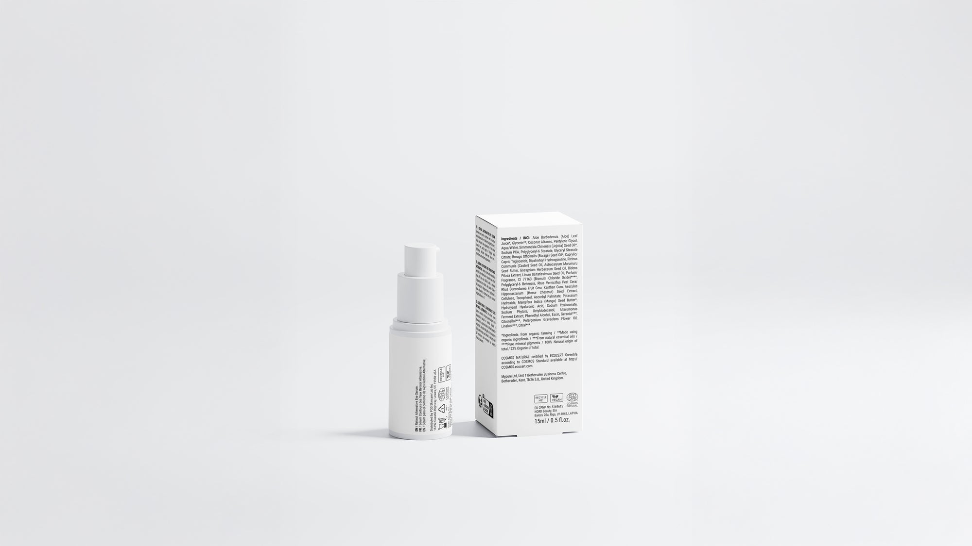 FOCUS retinol alternative eye serum bottle beside box back panel showing ingredient list