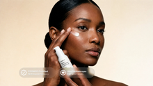 Woman dabbing FOCUS retinol alternative eye serum under eye, COSMOS certified won't irritate eyes callout