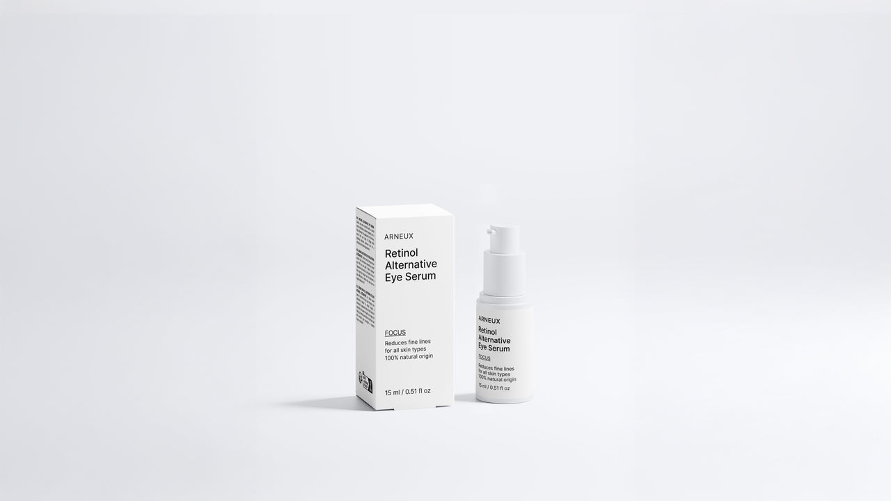 FOCUS retinol alternative eye serum bottle and box packaging set on grey background