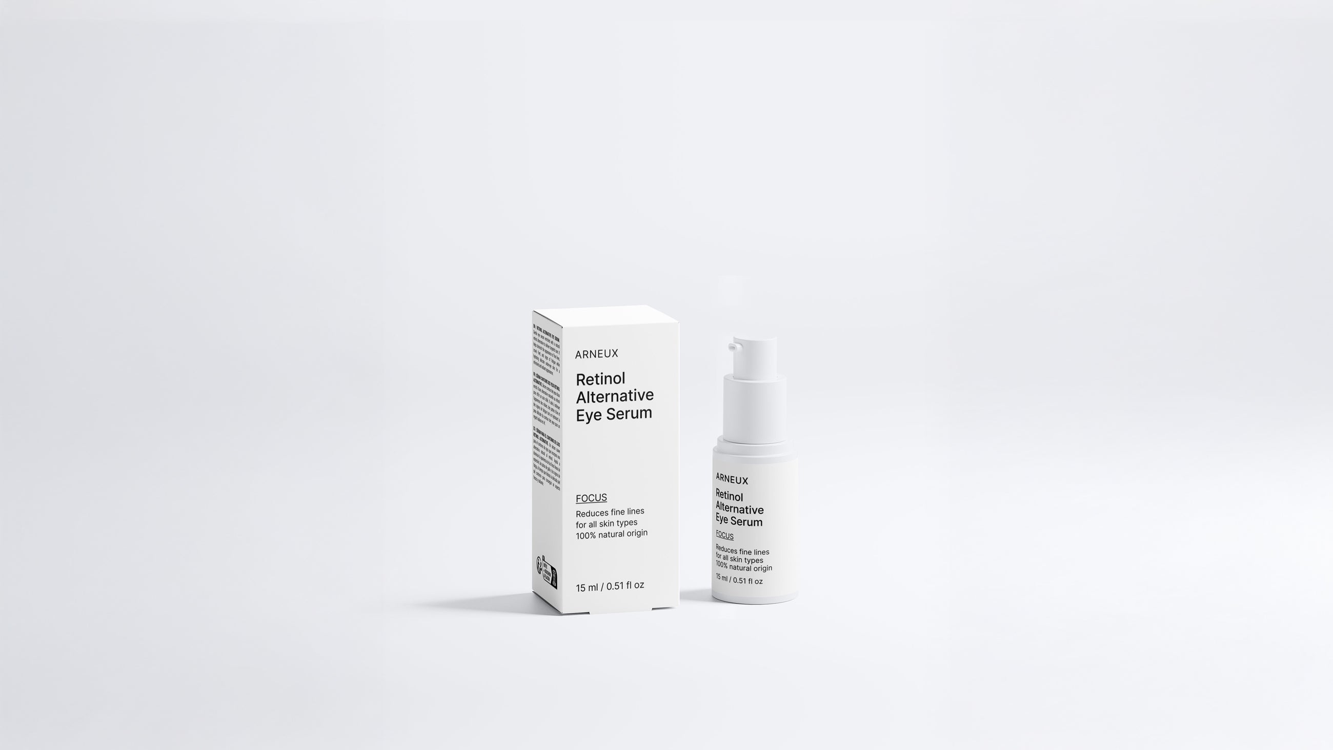 FOCUS retinol alternative eye serum bottle and box packaging set on grey background