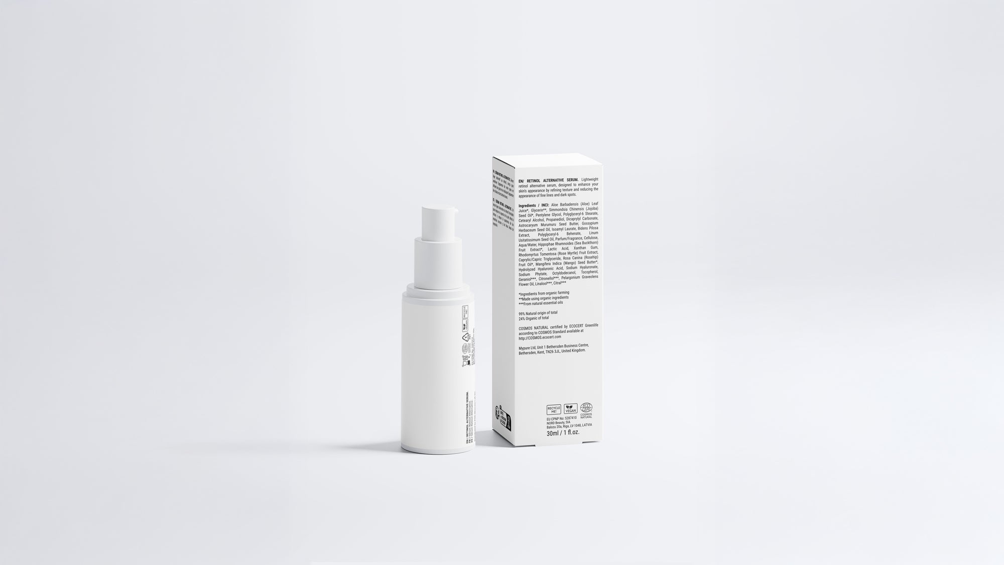 GLOW retinol alternative serum bottle beside box back panel showing full ingredient list