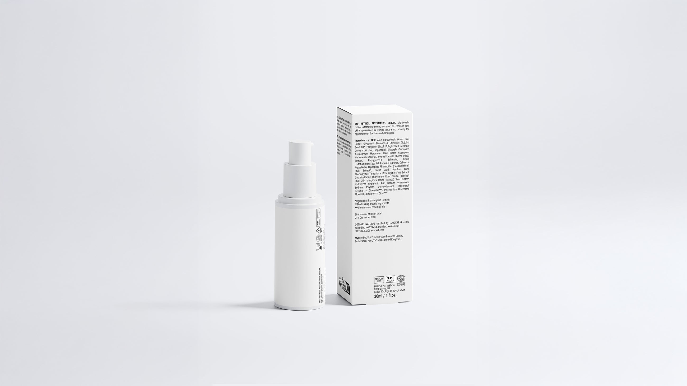 GLOW retinol alternative serum bottle beside box back panel showing full ingredient list