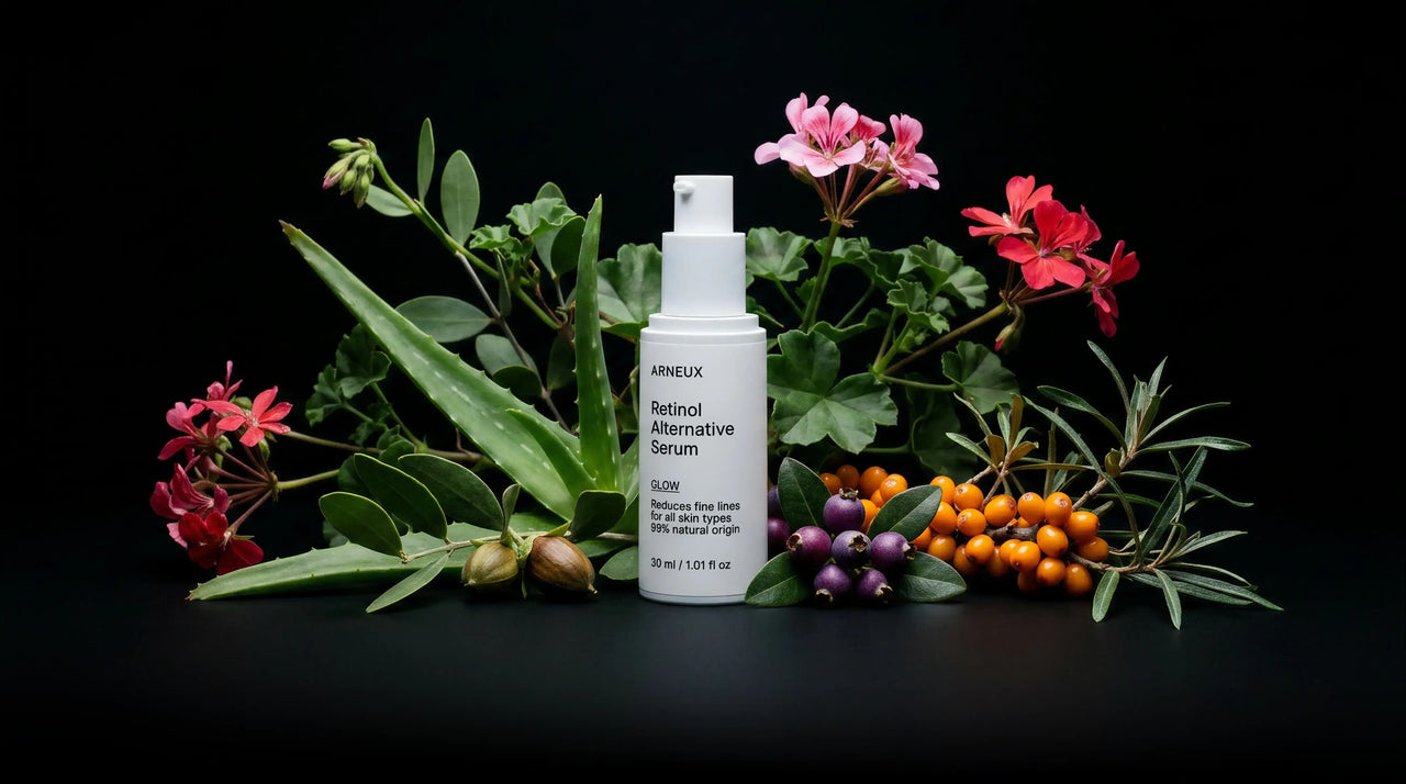 GLOW serum bottle with pink flowers, sea buckthorn, rosehips and purple berries on black background
