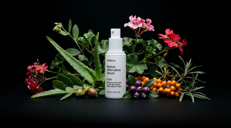 GLOW serum bottle with pink flowers, sea buckthorn, rosehips and purple berries on black background