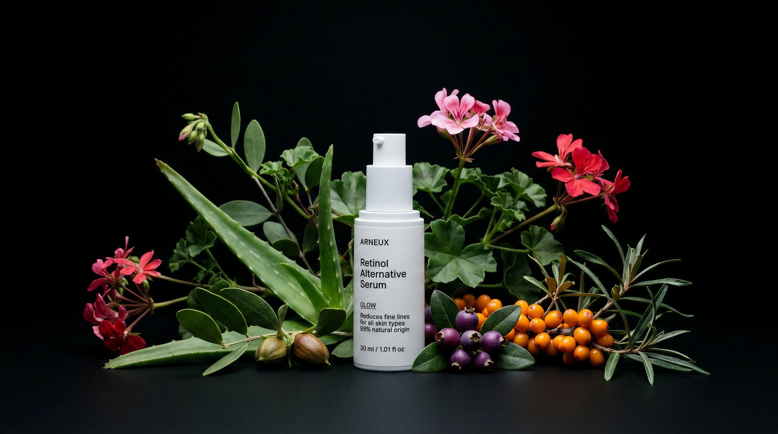 GLOW serum bottle with pink flowers, sea buckthorn, rosehips and purple berries on black background