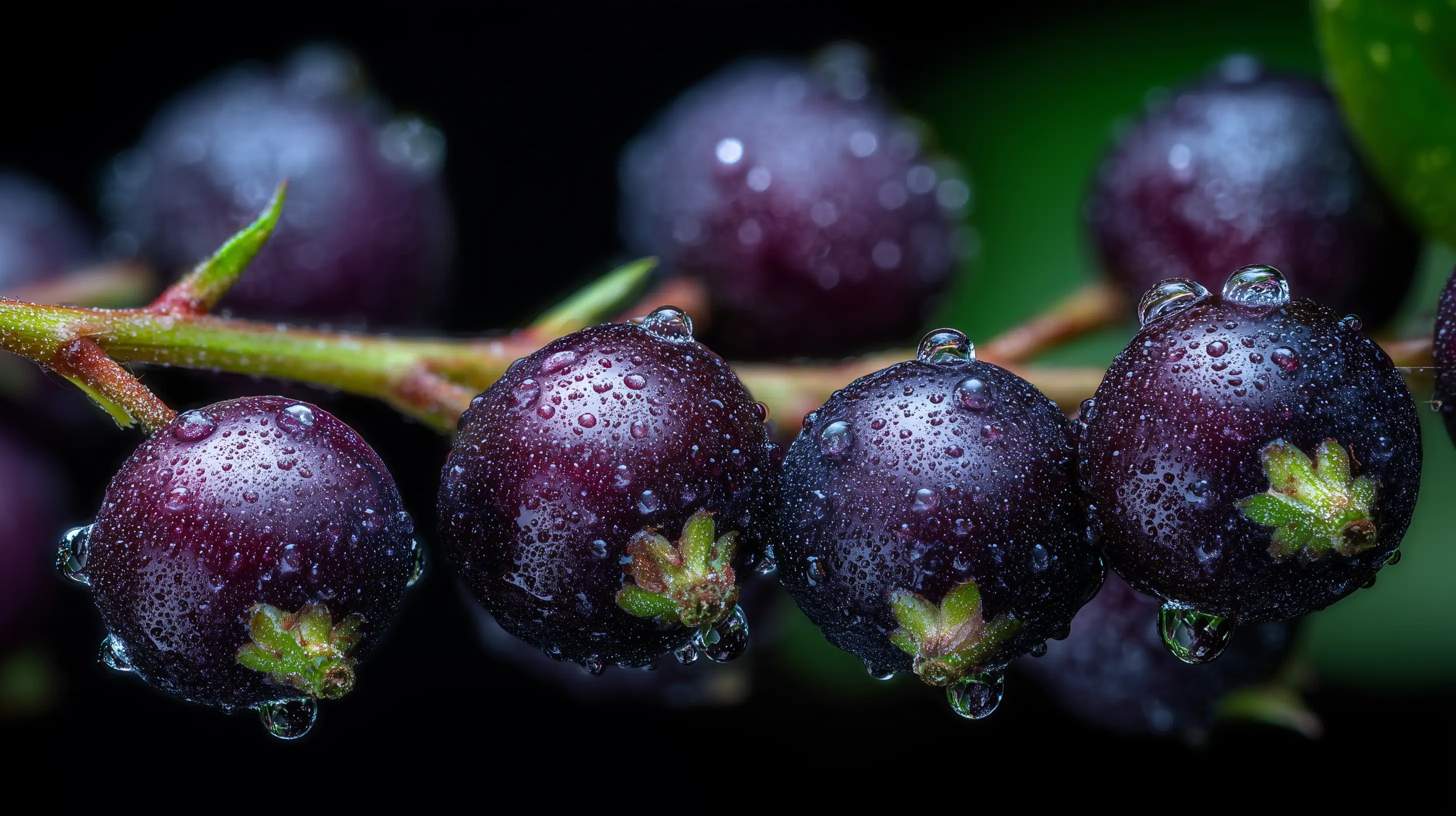 Dark purple blackcurrant berries with water droplets close-up, antioxidant ingredient in GLOW serum