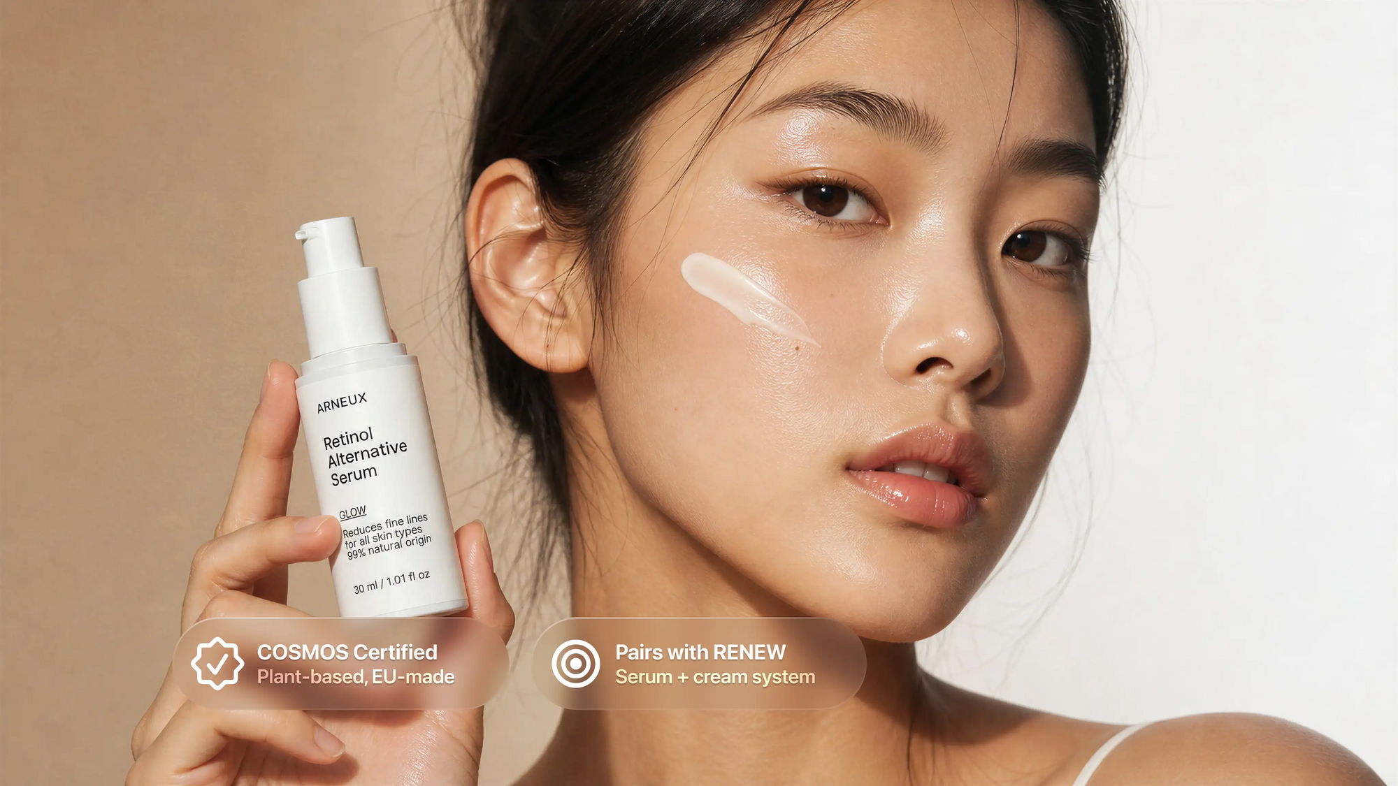 Woman applying GLOW retinol alternative serum to cheek, COSMOS certified pairs with RENEW callout