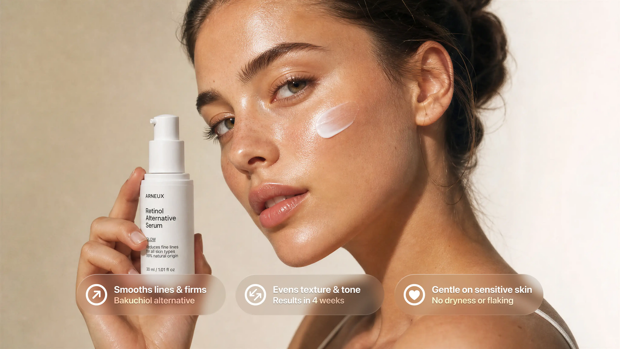 Woman holding GLOW serum with cream on cheek, smooths lines evens texture gentle on sensitive skin callouts