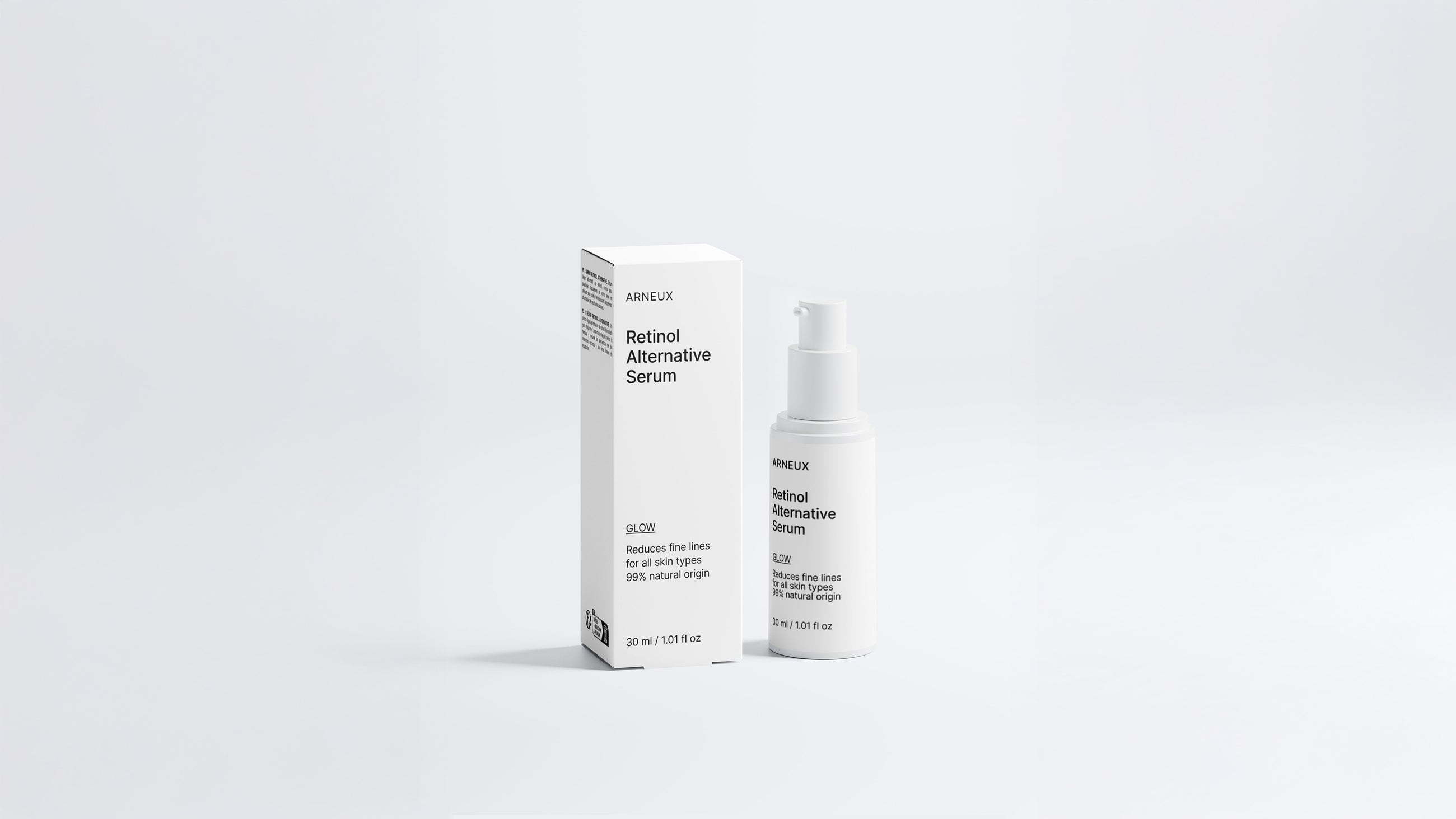 GLOW retinol alternative serum bottle and box packaging set on grey background