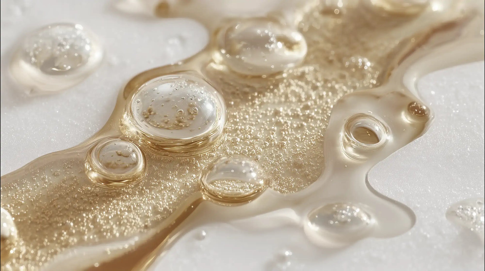 Golden serum oil droplets macro close-up on white surface, COSMOS certified formula no parabens no silicones