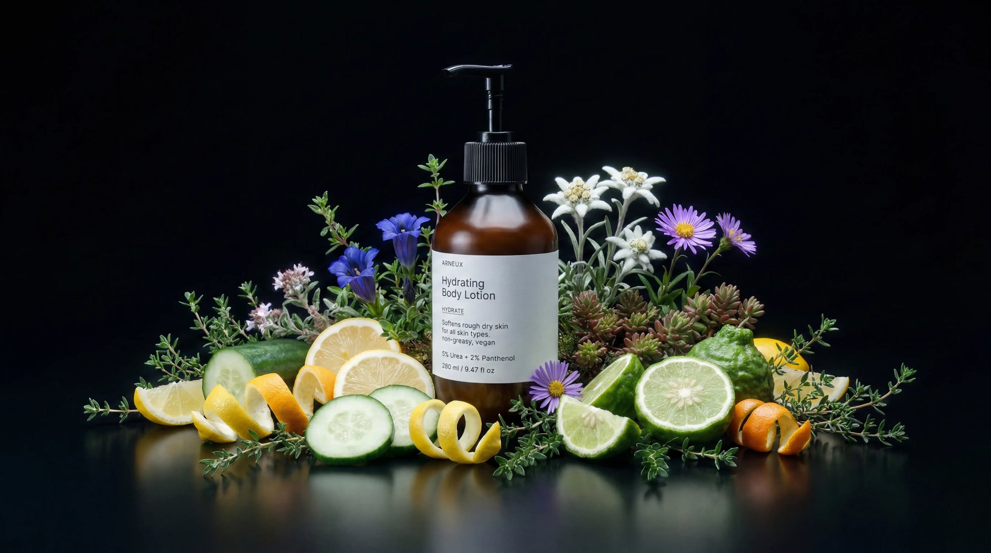 HYDRATE body lotion bottle with edelweiss, citrus, cucumber and wildflowers on black background
