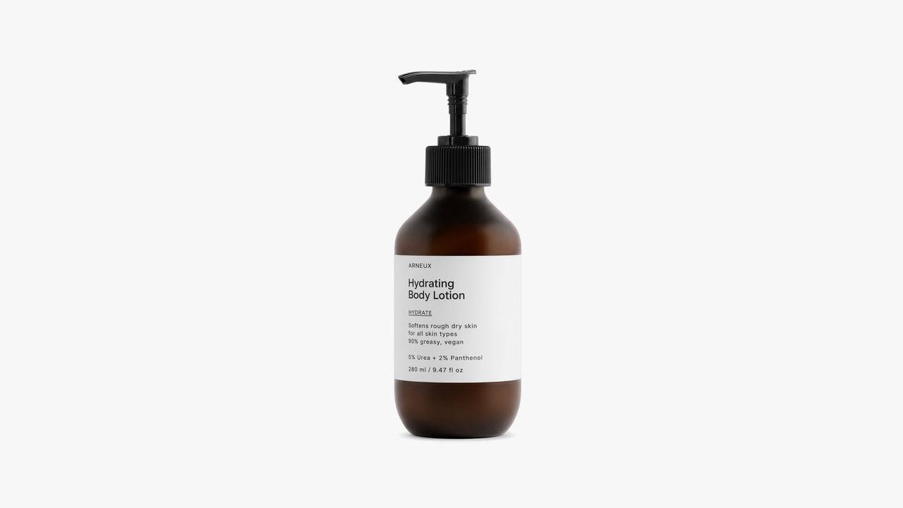ARNEUX HYDRATE hydrating body lotion amber pump bottle, front label on white background