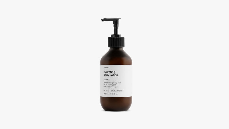ARNEUX HYDRATE hydrating body lotion amber pump bottle, front label on white background