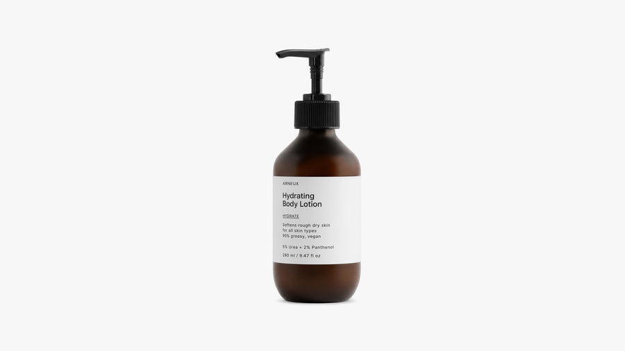 ARNEUX HYDRATE hydrating body lotion amber pump bottle, front label on white background