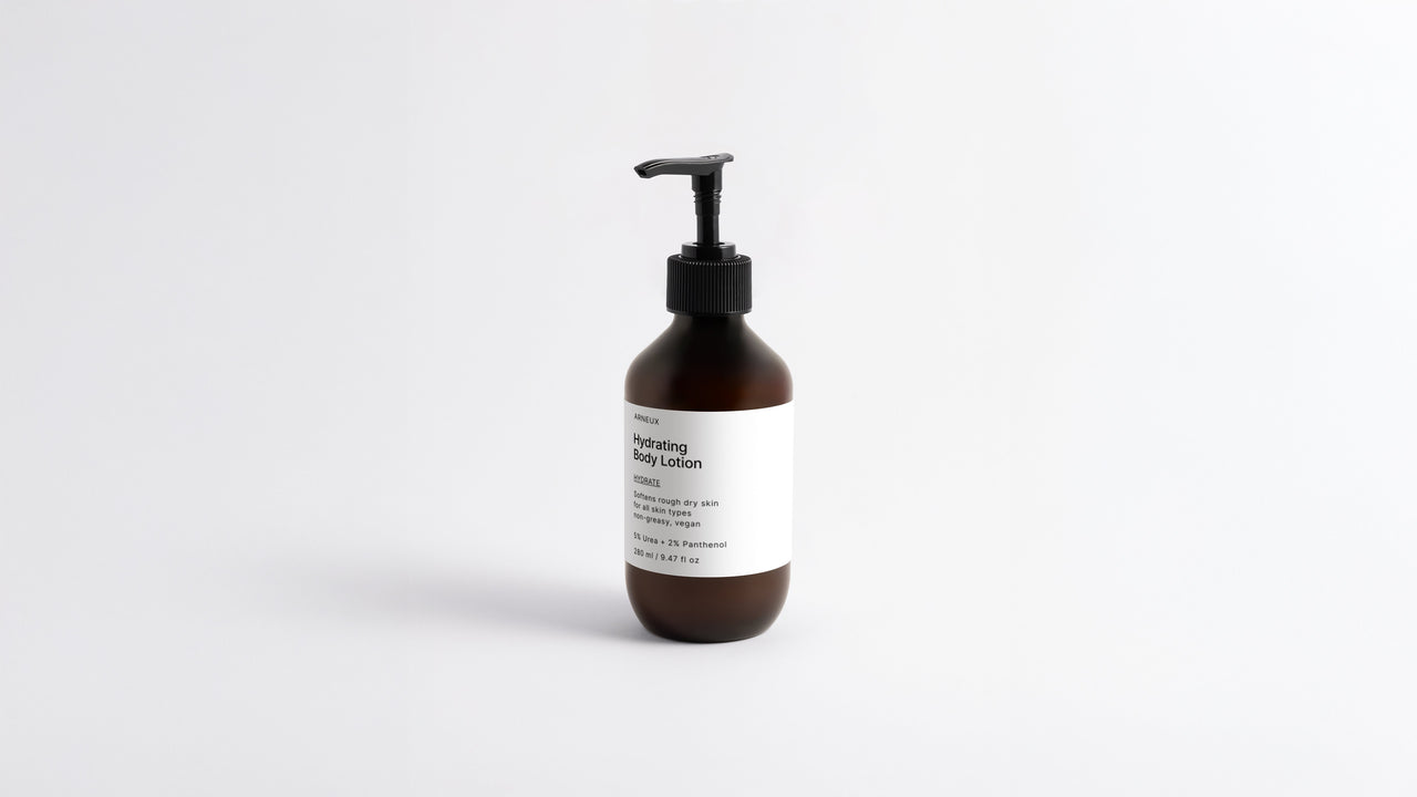 Arneux HYDRATE hydrating body lotion amber pump bottle, front label on white background