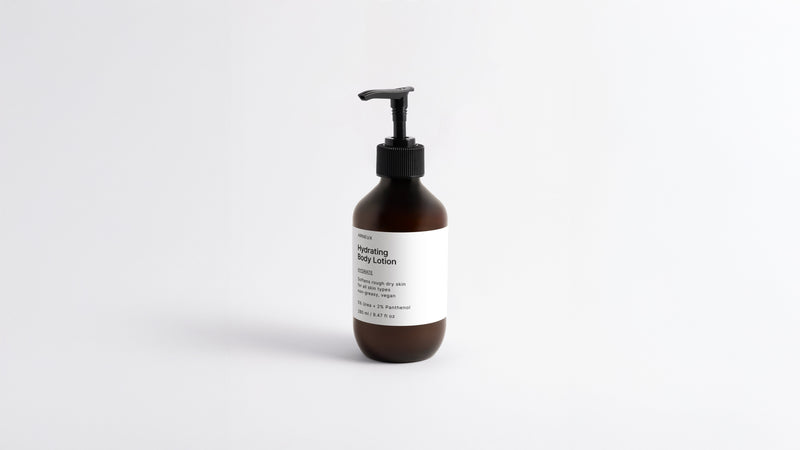 Arneux HYDRATE hydrating body lotion amber pump bottle, front label on white background